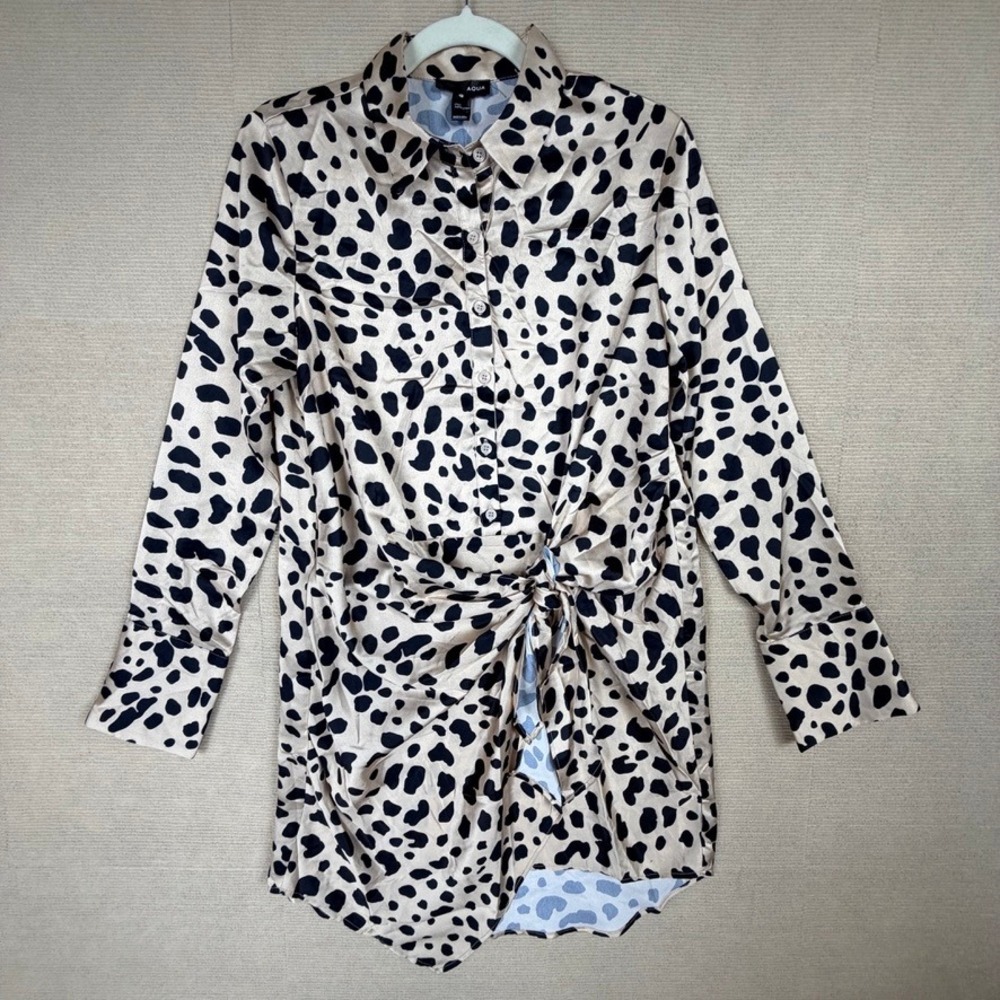 AQUA Women Tan Black Animal Print Twist Front Shirt Dress Small NWT